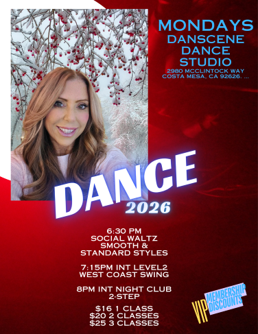 Mondays Dacne Classes at Dancsene Dance Studio in Coasta Mesa, CA.. 6:30 PM - Intermediate / Silver Level Social Waltz.   7:15 PM -Esay Intermediate West Coast Swing.  8 PM - Intermediate Night Club 2 Step