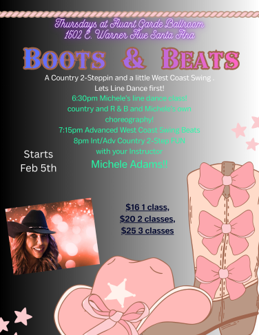 Dance Thursdays Classes with Michele Adams at Avant Garde Ballroom in Santa Ana, CA. 6:30 PM - Intermediate / Advance West Coast Swing.  7:15 PM Intermediate / advance Country two Step. 8 PM - Intermediate / Advance Hustle