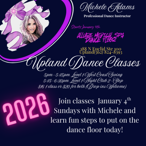 Sundays Dance Classes at Allure Image in Upland by Michele Adams. Level 1 West Coast Swing at 5:00 PM. Level 1 Night Club 2 Step at 5:45 PM