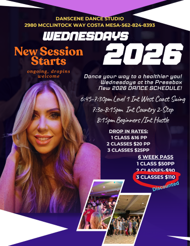 Wednesday Dance Class Schedule with Michele Adams at Danscene Studios in Costa Mesa, CA  6:45 PM -  Intermediate 1 West Coast Swing.  7:30 PM - Intermediate 1 Country  Two Step. 8:15 PM Beginning Hustle