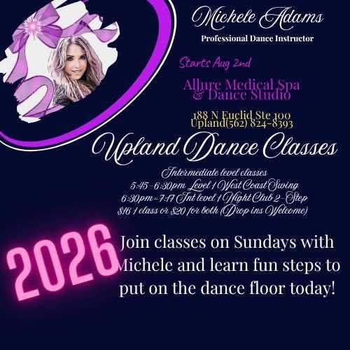 Michele Adams Sunday Mornings Dance Classes at Avant Garde Ballroom in Santa Ana, CA.. 11 AM - A West Coast Swing Styling Dance / Choreography Class. 12 PM - Intermediate / advance West Coast Swing. 1 PM - West Coast Swing Musicality Class