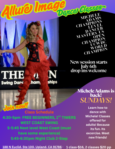 Sundays Dance Classes at Allure Image in Upland by Michele Adams. Free Beginner's West Coast Swing at 4:30 PM. Next Level West Coast Swing at 5:00 PM & 