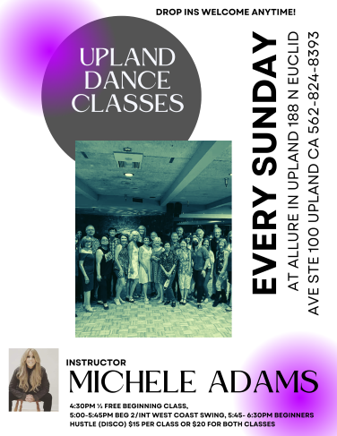 Sundays Dance Classes at Allure Image in Upland by Michele Adams. Free Beginner's West Coast Swing at 4:30 PM. Next Level West Coast Swing at 5:00 PM & 