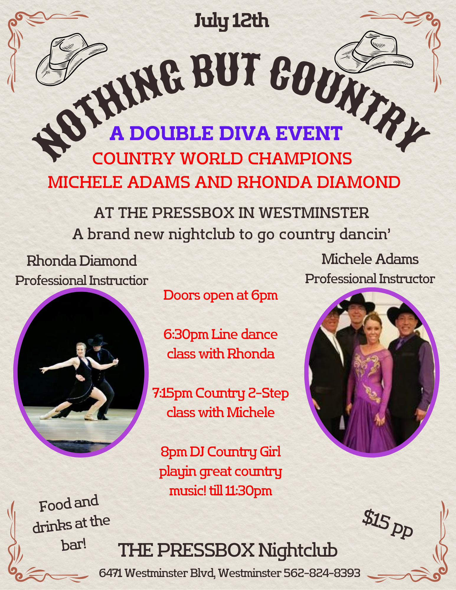 Westies Saturday May 10th 2025 at the Press Box in Westminster CA. Join your Hosts Michele Adams, Tip & Teveya West for a Night of West Coast Swing.  7 PM - A Champion West Coast Swing Workshop. 8 PM - Open Dancing with DJs Tip & Teveya West