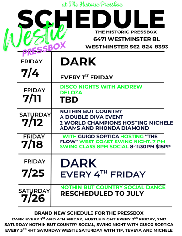 Michele Adams Westies Fridays presenting a night out at the Famous Press Box in Westminster, CA.  Enjoy a West Coast Swing Workshop at 7 PM and Social Dancing at 8 PM.  